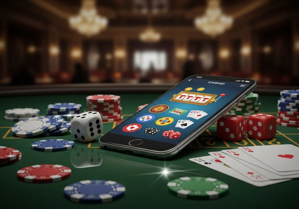 Smartphone displaying online casino games on a green poker table surrounded by chips, dice, and playing cards, representing mobile gambling and online betting