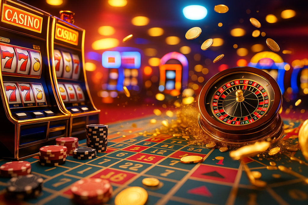 A vibrant casino scene featuring slot machines, a spinning roulette wheel, poker chips, and flying gold coins, set against a colorful background of neon lights and blurred gaming machines.