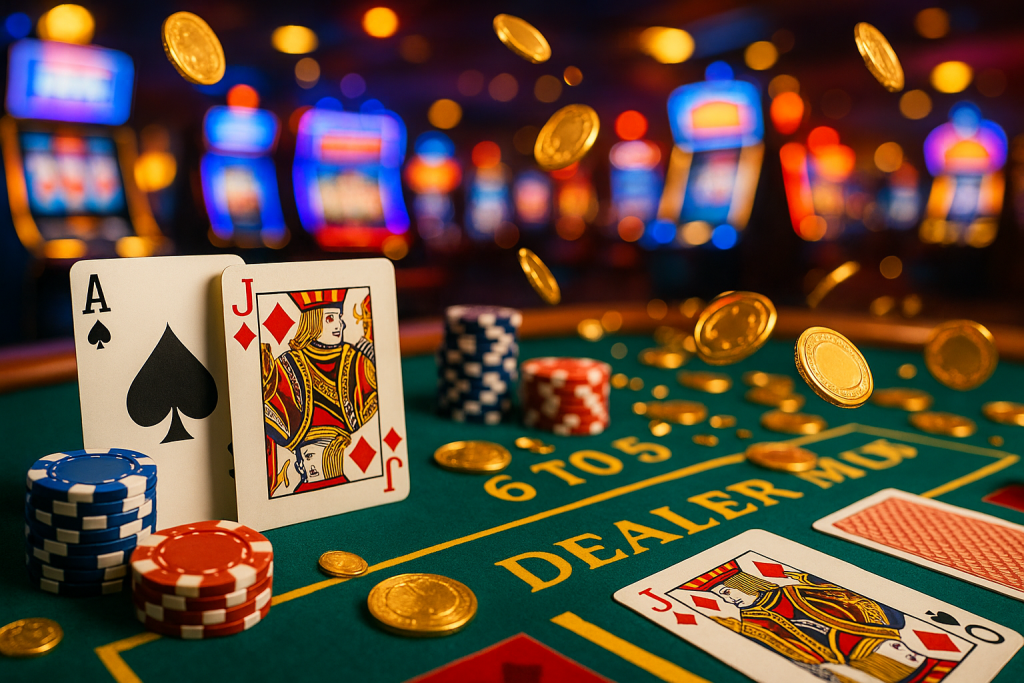 A vibrant casino blackjack table featuring an Ace and Jack hand, stacks of colorful poker chips, and gold coins in motion, with blurred slot machines glowing in the background.