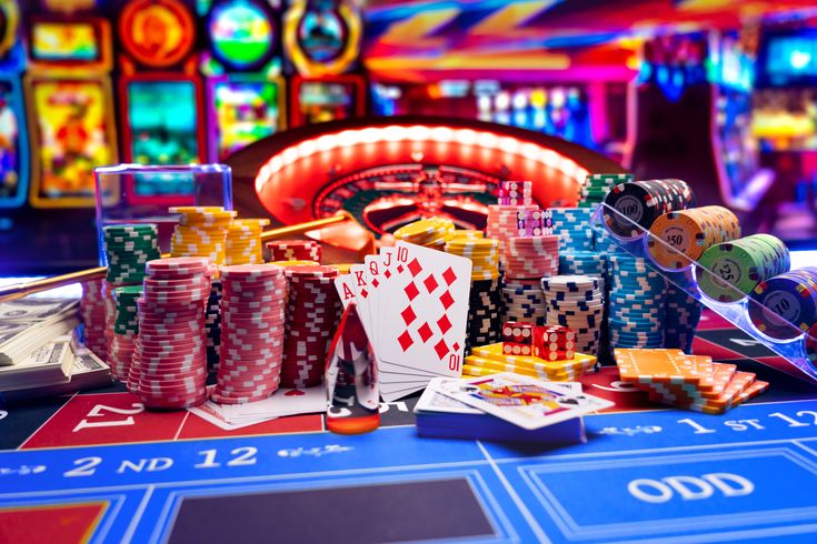 A vibrant casino table filled with stacks of multicolored poker chips, playing cards showing a diamond straight, cash, dice, and a glowing roulette wheel in the background, with bright slot machines illuminating the scene.
