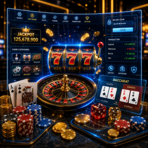 Square online casino image featuring a modern casino dashboard with glowing 777 slot reels, roulette wheel, blackjack cards, baccarat interface, poker chips, gold coins, and secure gaming elements in a premium digital casino environment.