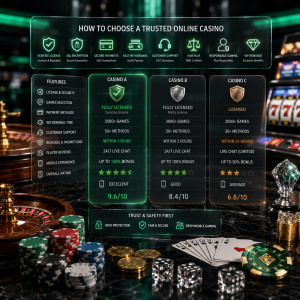 premium online casino comparison dashboard with verified license badges, SSL encryption, secure payment methods, player ratings, VIP rewards, roulette wheel, poker chips, playing cards, and casino trust indicators in a modern digital environment.