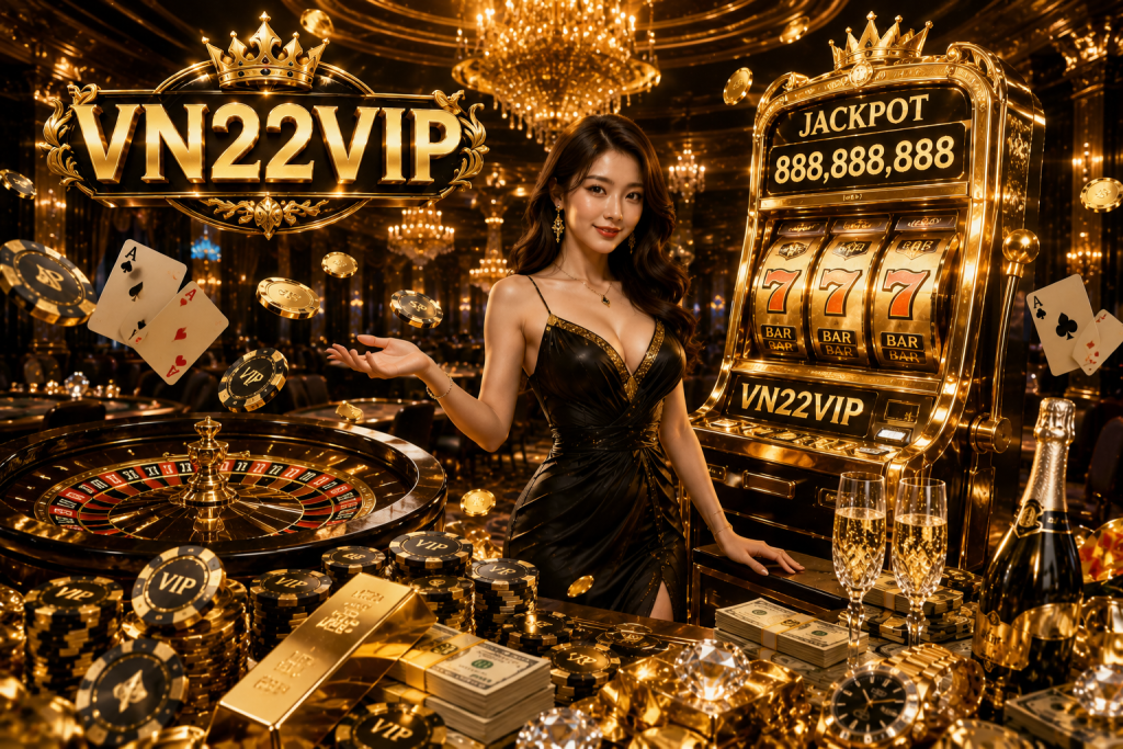 A luxurious VN22VIP online casino featuring a glamorous Asian female dealer, golden slot machines, roulette wheel, poker chips, jackpots, and a premium black and gold casino.