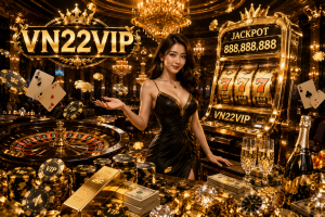 A luxurious VN22VIP online casino featuring a glamorous Asian female dealer, golden slot machines, roulette wheel, poker chips, jackpots, and a premium black and gold casino.