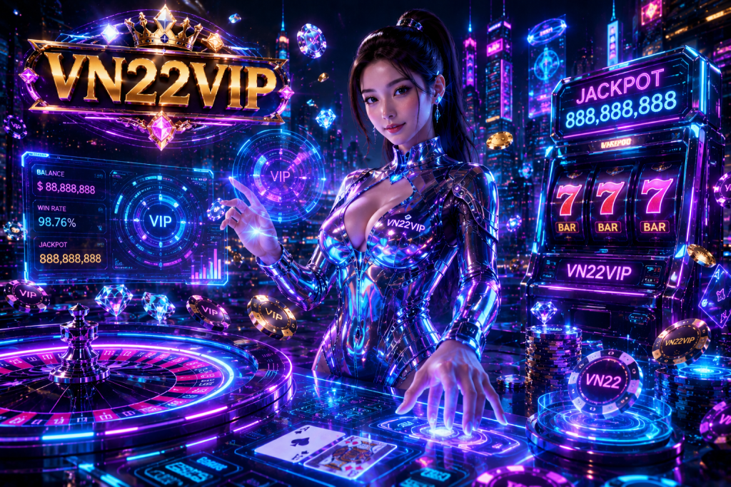 A futuristic VN22VIP online casino with holographic slot machines, glowing roulette wheels, cyber dealer, digital jackpots, and a vibrant neon city.